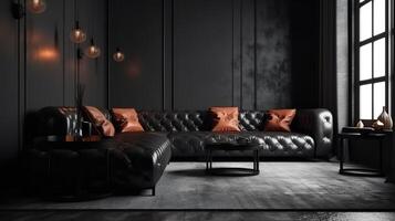 Living room in a loft with concrete and brick wall. photo