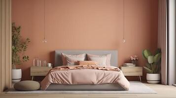 Mockup frame in cozy simple bedroom interior background. photo