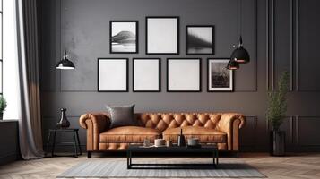 Frame gallery mockup in living room interior with leather sofa. photo