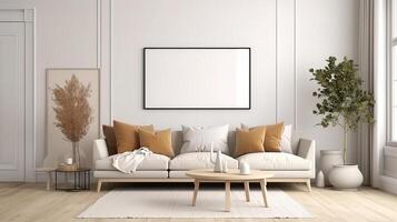 Mockup frame in Scandinavian farmhouse living room interior. photo