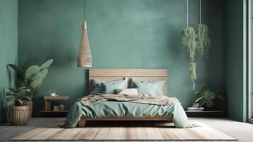 Poster frame mockup in bright bedroom interior background with rattan wooden furniture. photo