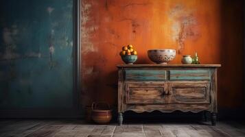 Modern wooden cabinet mockup in empty living room. photo