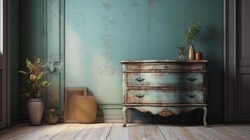 Modern wooden cabinet mockup in empty living room. photo