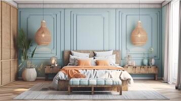Poster frame mockup in bright bedroom interior background with rattan wooden furniture. photo