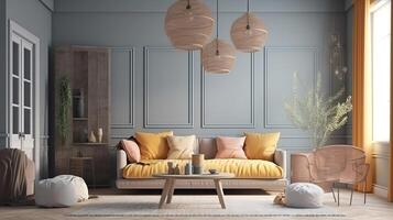 Scandi-Boho living room interior, wall mockup, 3d render, Bright color. photo