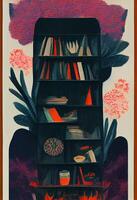 Bookcase with black rocks and old books arrangement. photo