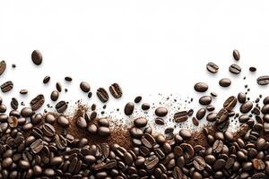 Roasted coffee beans on white background with copy space. photo