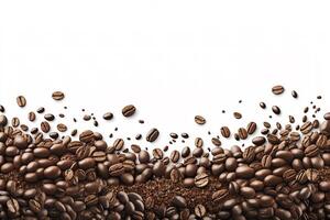 Roasted coffee beans on white background with copy space. photo