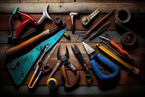 Happy labor day, Tools group different job on rustic wooden table, colorful. photo