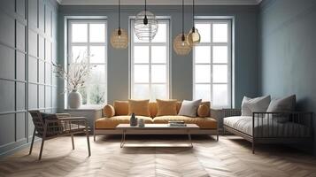 Scandinavian farmhouse living room interior, wall mockup. photo