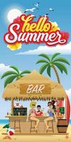 Hola verano volantes con playa bar vector