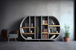 Minimalist bookshelf over dramatic concrete and wood background. photo