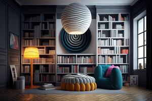 White bedroom with bookcase. photo
