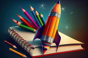 Back To School - Books And Pencils With Rocket Sketch. photo