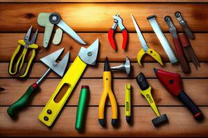 Happy labor day, Tools group different job on rustic wooden table. photo