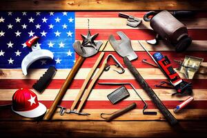 Labor day, usa america flag with many handy tools on wooden. photo