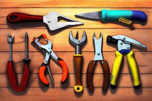 Happy labor day, Tools group different job on rustic wooden table. photo