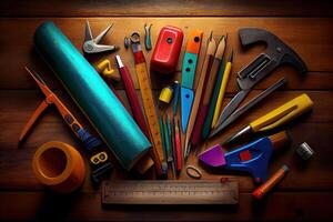 Happy labor day, Workshop, repair. tools on the wooden table. photo