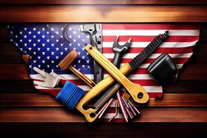 Labor Day, USA America flag with many handy tools on wooden background. photo