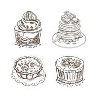 Desserts set on white background. Vintage  Illustration. Hand drawn sketch of Delicious Cupcake with cream top, pancakes with berries and syrup, tartlet. Design Gastronomy Product element. vector