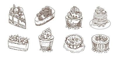 Desserts set on white background. Vintage Illustration. Hand drawn sketch of Delicious Cupcakes and cakes With cream and berry tops, pancakes with berries and syrup, tartlets. vector