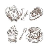 Desserts set on white background. Vintage Illustration. Hand drawn sketch of cup of tea with lemon, porcelain teapot, Cupcake With cream top and flower, Cake With blackberry, vintage spoon. vector