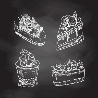 Desserts set isolated on chalkboard background. Hand drawn sketch of Delicious Cupcakes and cakes With cream and berry tops. Design Gastronomy Product element. Great for menu, poster or restaurant