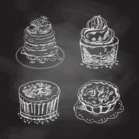 Desserts set  isolated on chalkboard background. Vintage Vector. Hand drawn sketch of Delicious Cupcake with cream top, pancakes with berries and syrup, tartlet. Design Gastronomy Product element. vector