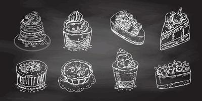 Desserts set on chalkboard  background. Vintage Vector Monochrome Illustration. Hand drawn sketch of Delicious Cupcakes and cakes With cream and berry tops, pancakes with berries and syrup, tartlets.