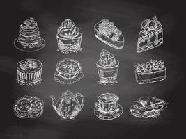 Desserts set on chalkboard  background. Hand drawn sketch of Delicious Cupcakes and cakes With cream and berry tops, pancakes with berries and syrup, tartlets, croissant, cup with tea vector