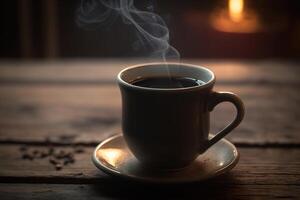 un taza de caliente negro café en un de madera mesa, en un Clásico atmósfera. ai generado foto