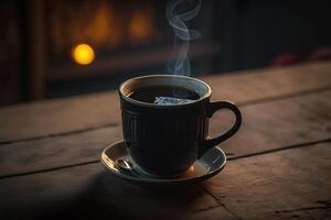 A cup of hot black coffee on a wooden table, in a vintage atmosphere. photo