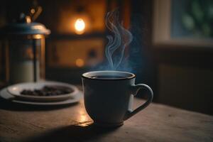 A cup of hot black coffee on a wooden table, in a vintage atmosphere. photo