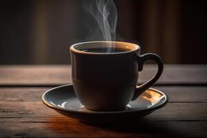 A cup of hot black coffee on a wooden table, in a vintage atmosphere. photo