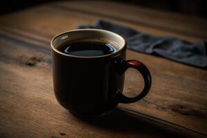 un taza de caliente negro café en un de madera mesa, en un Clásico atmósfera. ai generado foto