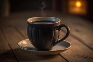 A cup of hot black coffee on a wooden table, in a vintage atmosphere. photo