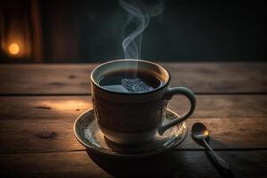 A cup of hot black coffee on a wooden table, in a vintage atmosphere. photo