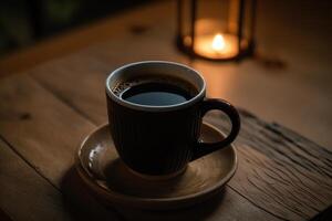 A cup of hot black coffee on a wooden table, in a vintage atmosphere. photo