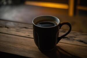 A cup of hot black coffee on a wooden table, in a vintage atmosphere. photo