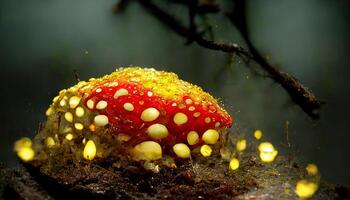 Closeup shot of a red mushroom growing below dry grass. photo