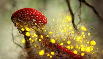 Exceptional Amanita muscaria glowing red top mushroom releasing spores yellow forest. photo