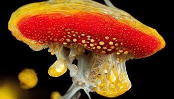 Amanita muscaria glowing red top mushroom releasing spores yellow forest. photo