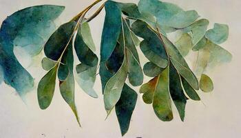 Watercolor green eucalyptus leaves and branches. photo