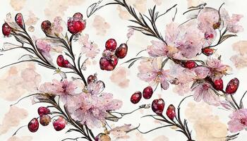 Beautiful watercolor botanical apple and pink floral seamless pattern. photo