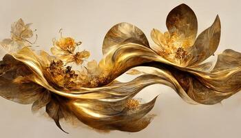 Abstract motion art with surreal golden flowers, inticate flow waves in gold colors. photo