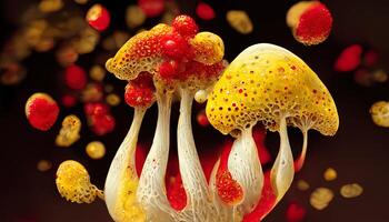 Excellent Amanita muscaria glowing red top mushroom releasing spores yellow forest. photo