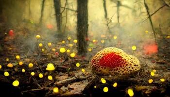 Poisonous red mushrooms with a white stem and white dots on the ground in the forest. photo