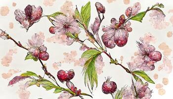 vintage imprints blooming wild cherry - mix repeat seamless pattern. photo