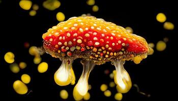 Amanita muscaria glowing red top mushroom releasing spores yellow forest. photo