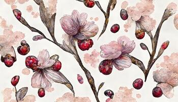 Beautiful watercolor botanical apple and pink floral seamless pattern. photo